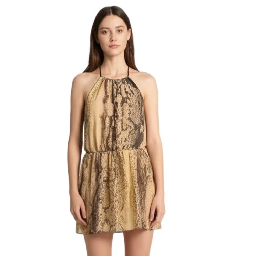 Kensie Dress Medium Beige Brown Snake Print Halter Tie Back Boho Chic Safari‎